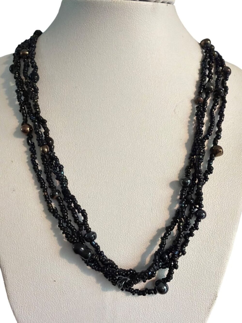 Black Seed Bead Faux Iridescent Pearl Necklace Multi Strand Hook Clasp 18"